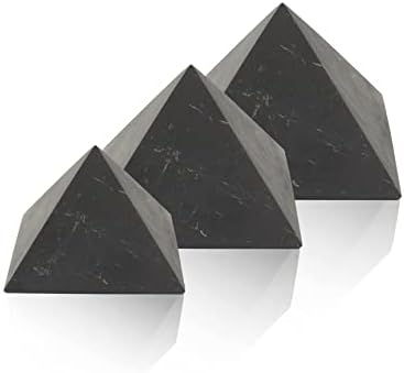 Heka Naturals לא מצומצם של שונגיט פירמידה של אבן שחורה של 3 | 2+3+4 אינץ ' - אבן שולחן שולחן שונגיט לבית או למשרד